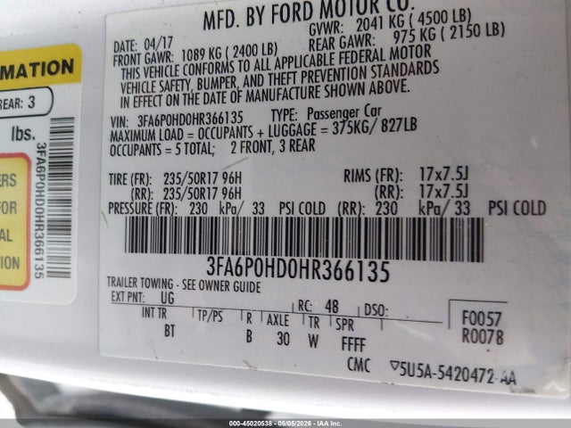 Ford FUSION SE 2017 3FA6P0HD0HR366135 Image 9