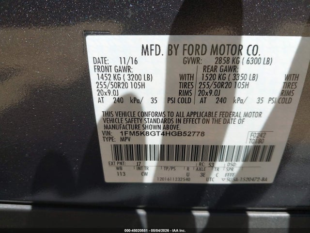 45020551 :رقم المزاد ، 1FM5K8GT4HGB52778 vin ، 2017 Ford Explorer Sport مزاد بيع