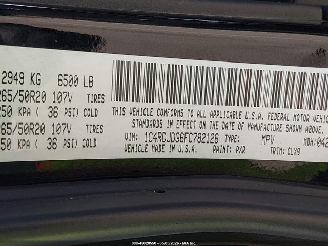 Aukcja sprzedaży 2015 Dodge Durango Limited, vin: 1C4RDJDG6FC782126, numer aukcji: 45020558