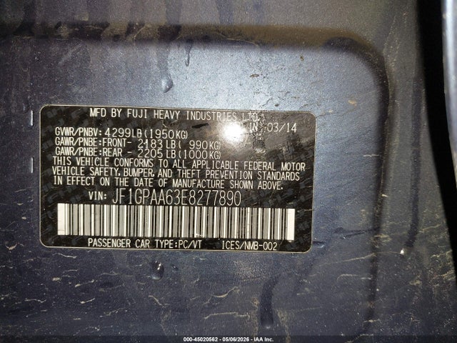 45020562 :رقم المزاد ، JF1GPAA63E8277890 vin ، 2014 Subaru Impreza 2.0i مزاد بيع