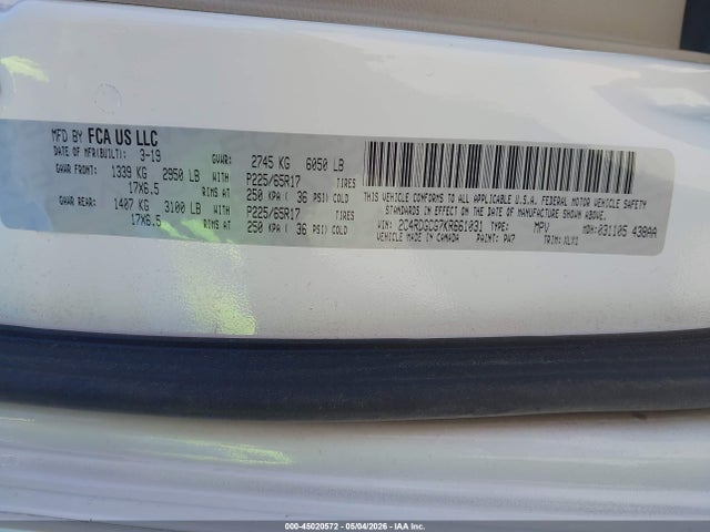 Aukcja sprzedaży 2019 Dodge Grand Caravan Sxt, vin: 2C4RDGCG7KR661031, numer aukcji: 45020572