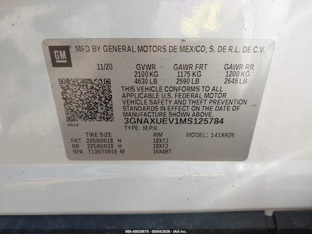 Aukcja sprzedaży 2021 Chevrolet Equinox Awd Lt, vin: 3GNAXUEV1MS125784, numer aukcji: 45020578