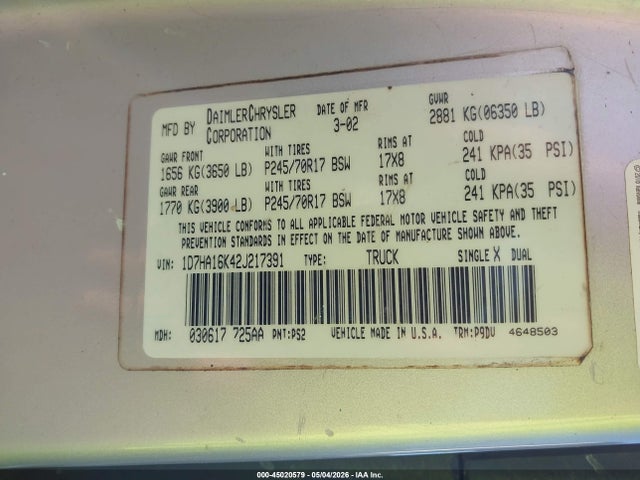 45020579 :رقم المزاد ، 1D7HA16K42J217391 vin ، 2002 Dodge Ram 1500 St مزاد بيع