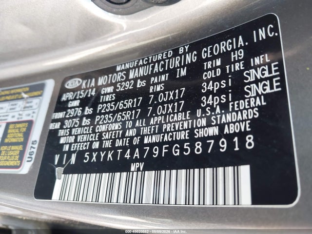 2015 Kia Sorento Lx V6 მანქანა იყიდება აუქციონზე, vin: 5XYKT4A79FG587918, აუქციონის ნომერი: 45020582