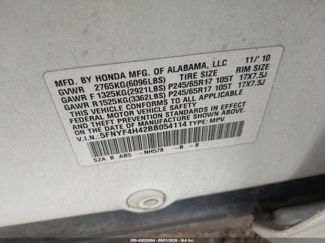 Продажа на аукционе авто 2011 Honda Pilot Ex, vin: 5FNYF4H42BB054114, номер лота: 45020584