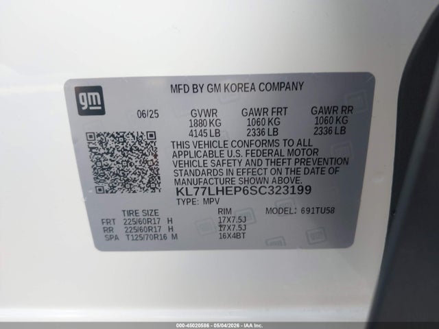 Продаж на аукціоні авто 2025 Chevrolet Trax Fwd Lt, vin: KL77LHEP6SC323199, номер лоту: 45020586