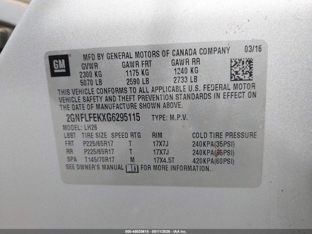 2016 Chevrolet Equinox Lt მანქანა იყიდება აუქციონზე, vin: 2GNFLFEKXG6295115, აუქციონის ნომერი: 45020615