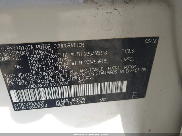 Продажа на аукционе авто 2018 Toyota Rav4 Hybrid Limited, vin: JTMDJREVXJD210994, номер лота: 45020624