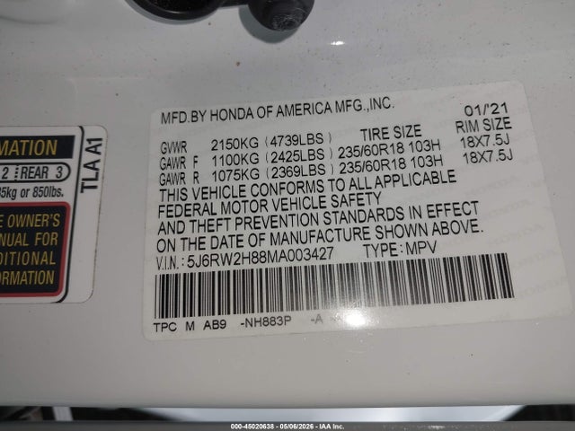 45020638 :رقم المزاد ، 5J6RW2H88MA003427 vin ، 2021 Honda Cr-v Awd Ex-l مزاد بيع