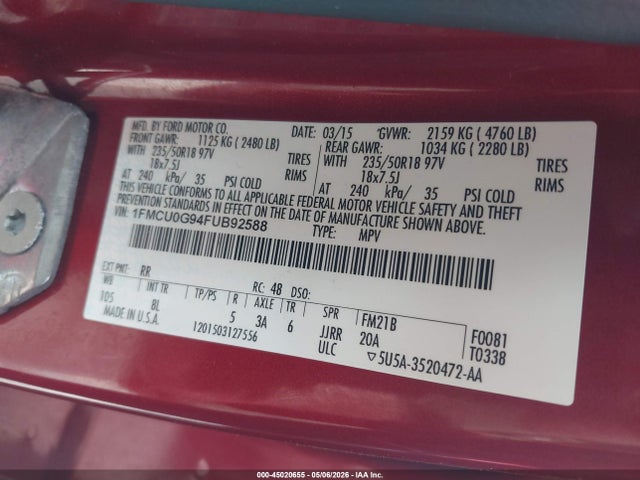 Ford ESCAPE SE 2015 1FMCU0G94FUB92588 Image 9