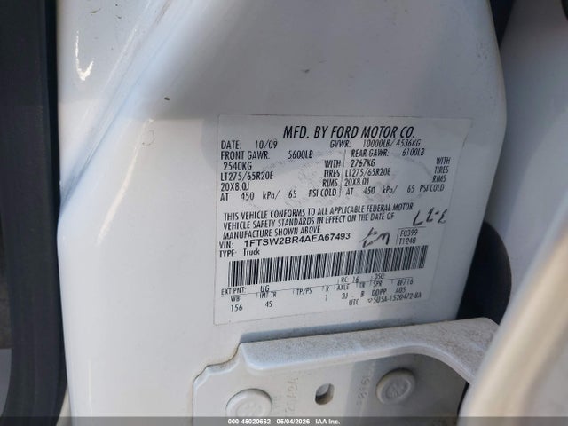 45020662 :رقم المزاد ، 1FTSW2BR4AEA67493 vin ، 2010 Ford F-250 Cabela's/harley-davidson/king Ranch/lariat/xl/xlt مزاد بيع