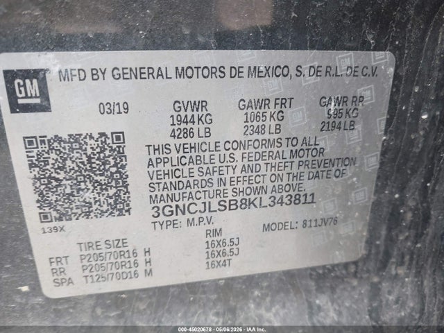 Продажа на аукционе авто 2019 Chevrolet Trax Lt, vin: 3GNCJLSB8KL343811, номер лота: 45020678