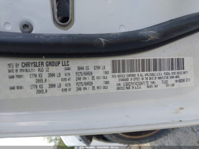 2012 Ram 1500 Sport მანქანა იყიდება აუქციონზე, vin: 1C6RD7HT4CS347172, აუქციონის ნომერი: 45020680