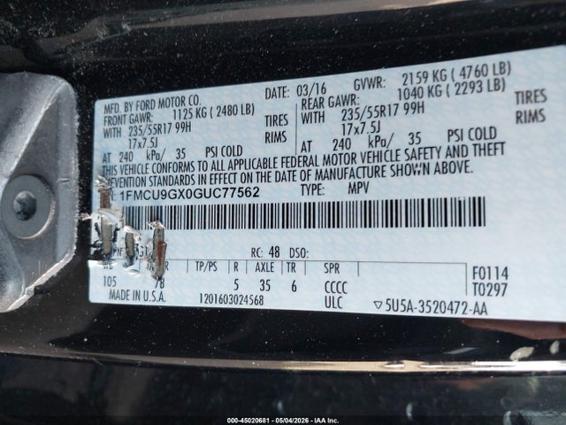 Ford ESCAPE SE 2016 1FMCU9GX0GUC77562 Image 9
