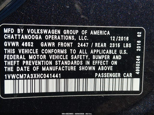 2017 Volkswagen Passat V6 Sel Premium მანქანა იყიდება აუქციონზე, vin: 1VWCM7A3XHC041441, აუქციონის ნომერი: 45020693