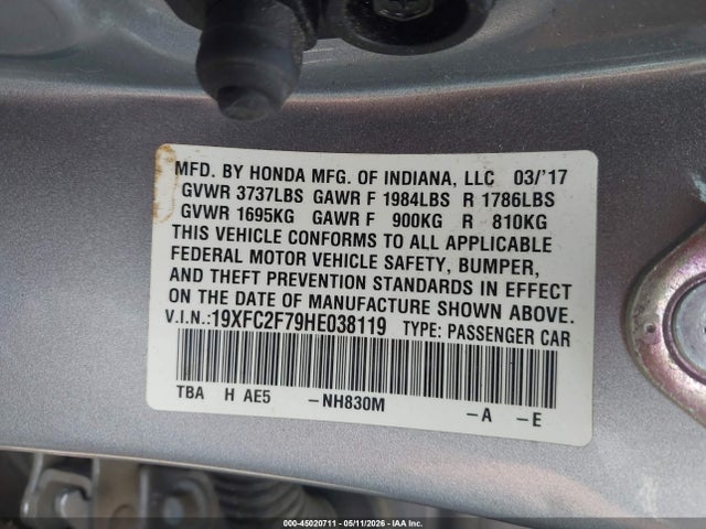 45020711 :رقم المزاد ، 19XFC2F79HE038119 vin ، 2017 Honda Civic Ex مزاد بيع
