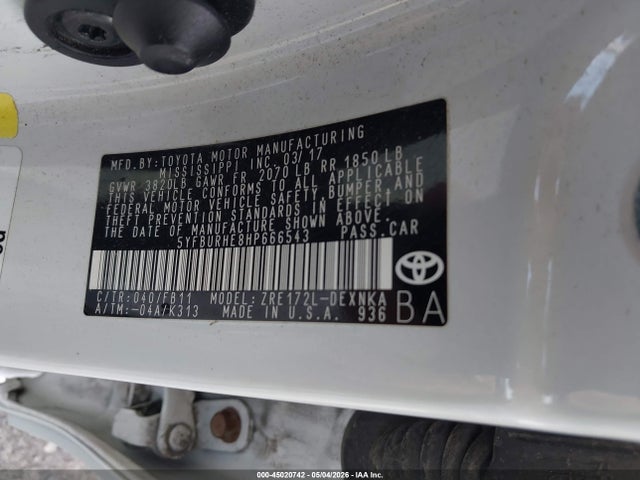 Продаж на аукціоні авто 2017 Toyota Corolla Le, vin: 5YFBURHE8HP666543, номер лоту: 45020742