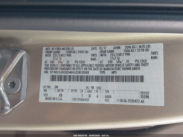 2017 Ford Escape Se მანქანა იყიდება აუქციონზე, vin: 1FMCU0GD4HUD83595, აუქციონის ნომერი: 45020748