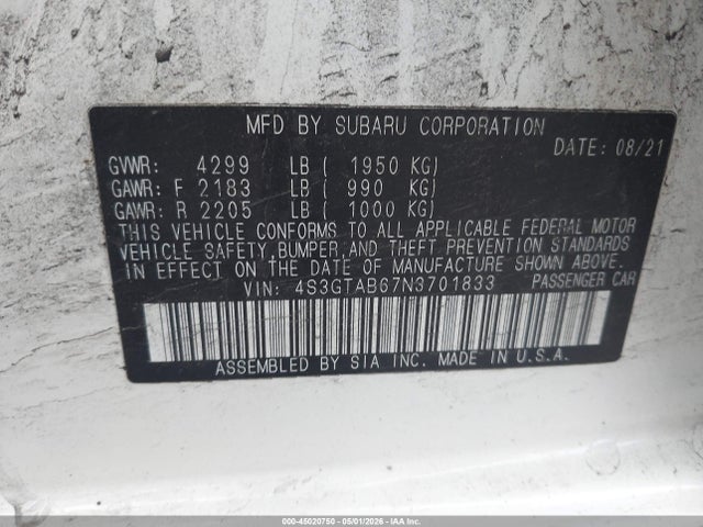 Aukcja sprzedaży 2022 Subaru Impreza Base 5-door, vin: 4S3GTAB67N3701833, numer aukcji: 45020750