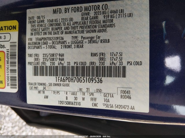 2016 Ford Fusion Se მანქანა იყიდება აუქციონზე, vin: 1FA6P0H70G5109536, აუქციონის ნომერი: 45020757