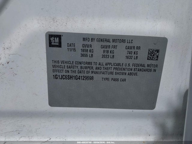 Aukcja sprzedaży 2016 Chevrolet Sonic Lt Auto, vin: 1G1JC6SH1G4129698, numer aukcji: 45020789