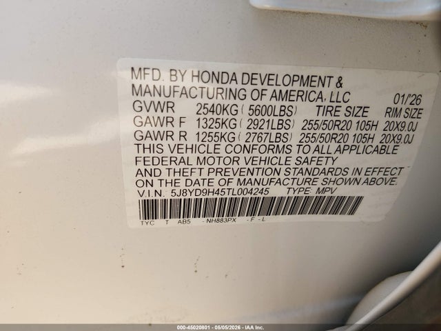 Aukcja sprzedaży 2026 Acura Mdx Technology Package, vin: 5J8YD9H45TL004245, numer aukcji: 45020801