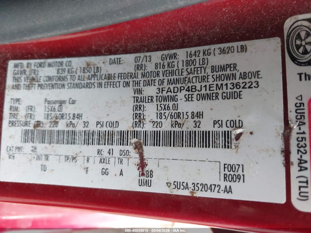 45020810 :رقم المزاد ، 3FADP4BJ1EM136223 vin ، 2014 Ford Fiesta Se مزاد بيع
