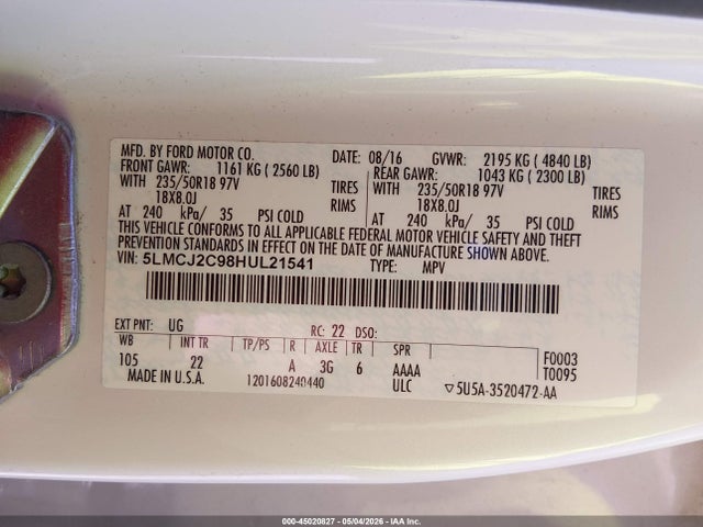 2017 Lincoln Mkc Select მანქანა იყიდება აუქციონზე, vin: 5LMCJ2C98HUL21541, აუქციონის ნომერი: 45020827