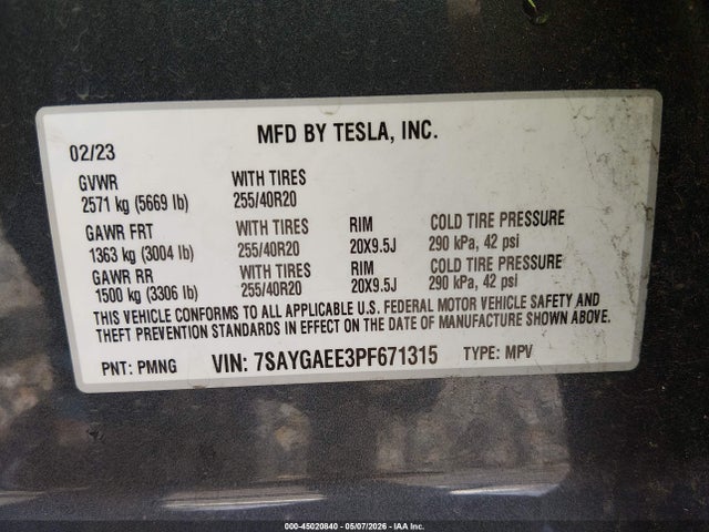 Продажа на аукционе авто 2023 Tesla Model Y Awd/long Range Dual Motor All-wheel Drive, vin: 7SAYGAEE3PF671315, номер лота: 45020840