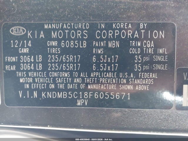 45020845 :رقم المزاد ، KNDMB5C18F6055671 vin ، 2015 Kia Sedona Lx مزاد بيع