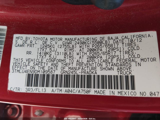 Aukcja sprzedaży 2013 Toyota Tacoma Base V6, vin: 3TMLU4EN9DM109587, numer aukcji: 45020847