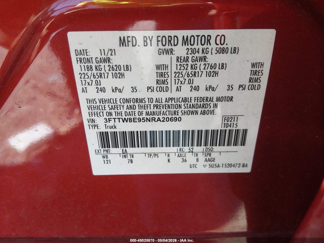 2022 Ford Maverick Xlt მანქანა იყიდება აუქციონზე, vin: 3FTTW8E95NRA20690, აუქციონის ნომერი: 45020870