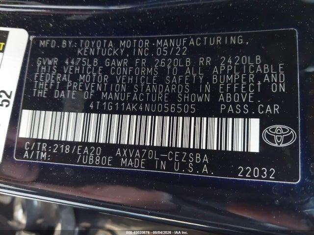 Aukcja sprzedaży 2022 Toyota Camry Se, vin: 4T1G11AK4NU056505, numer aukcji: 45020876
