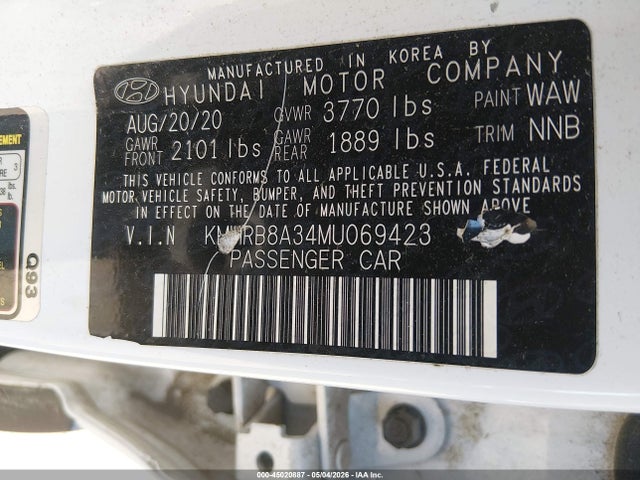 45020887 :رقم المزاد ، KMHRB8A34MU069423 vin ، 2021 Hyundai Venue Se مزاد بيع