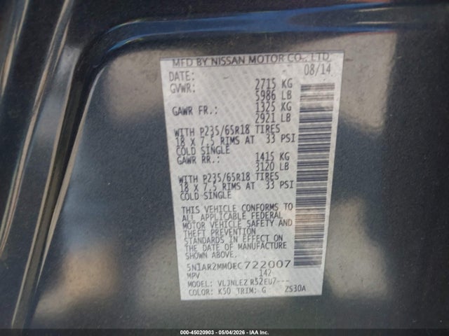 Aukcja sprzedaży 2014 Nissan Pathfinder Sv, vin: 5N1AR2MM0EC722007, numer aukcji: 45020903