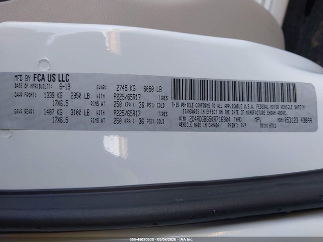 2019 Dodge Grand Caravan Se მანქანა იყიდება აუქციონზე, vin: 2C4RDGBG5KR716304, აუქციონის ნომერი: 45020908