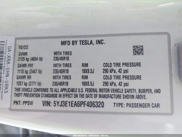 45020919 :رقم المزاد ، 5YJ3E1EA6PF406320 vin ، 2023 Tesla Model 3 Rear-wheel Drive مزاد بيع