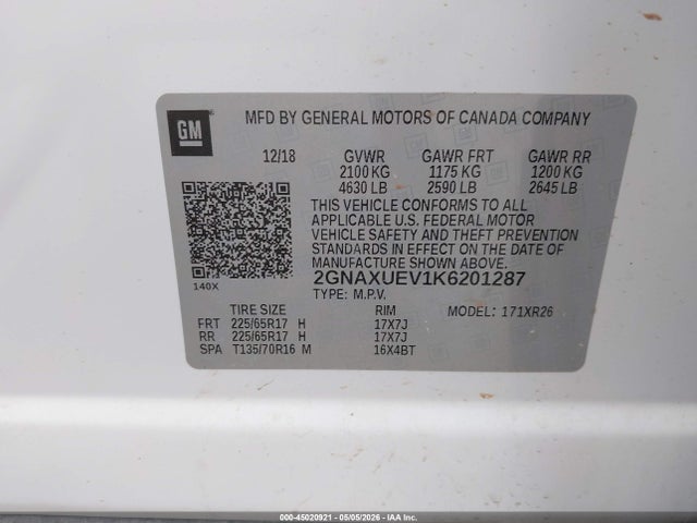 2019 Chevrolet Equinox Lt მანქანა იყიდება აუქციონზე, vin: 2GNAXUEV1K6201287, აუქციონის ნომერი: 45020921