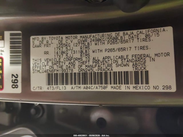 45020931 :رقم المزاد ، 3TMLU4EN6FM199378 vin ، 2015 Toyota Tacoma Base V6 مزاد بيع