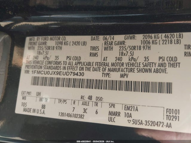Продажа на аукционе авто 2014 Ford Escape Titanium, vin: 1FMCU0JX9EUD79430, номер лота: 45020941