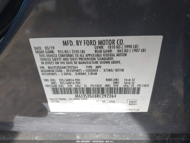 2019 Ford Ecosport Se მანქანა იყიდება აუქციონზე, vin: MAJ3S2GE6KC292264, აუქციონის ნომერი: 45020951