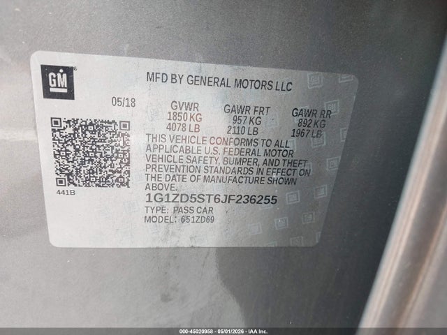 Продаж на аукціоні авто 2018 Chevrolet Malibu Lt, vin: 1G1ZD5ST6JF236255, номер лоту: 45020958