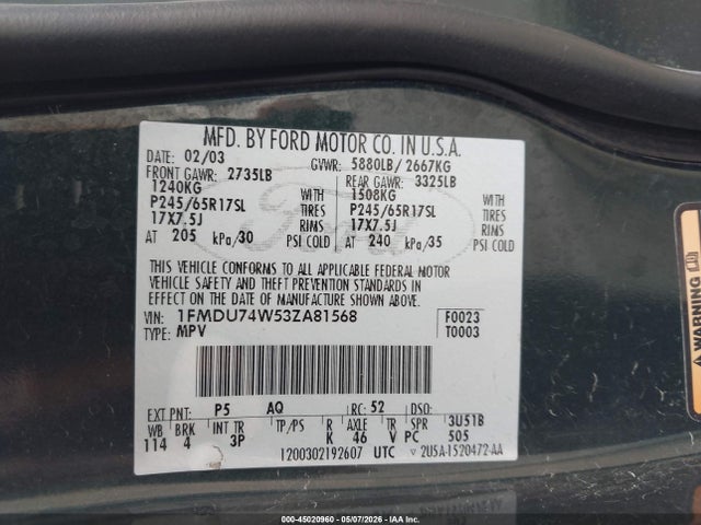 Продаж на аукціоні авто 2003 Ford Explorer Eddie Bauer, vin: 1FMDU74W53ZA81568, номер лоту: 45020960