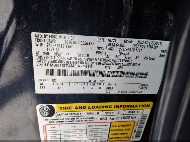 Ford Expedition Xl Max 2021 1FMJK1GT4MEA71484 Image 9