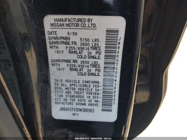 45021011 :رقم المزاد ، JN8AR07Y0XW388963 vin ، 1999 Nissan Pathfinder Le/se/xe مزاد بيع