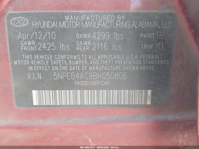 Aukcja sprzedaży 2011 Hyundai Sonata Gls, vin: 5NPEB4AC9BH050806, numer aukcji: 45021017