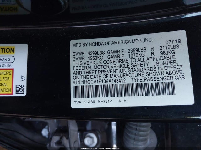 45021024 :رقم المزاد ، 1HGCV1F10KA148412 vin ، 2019 Honda Accord Lx مزاد بيع