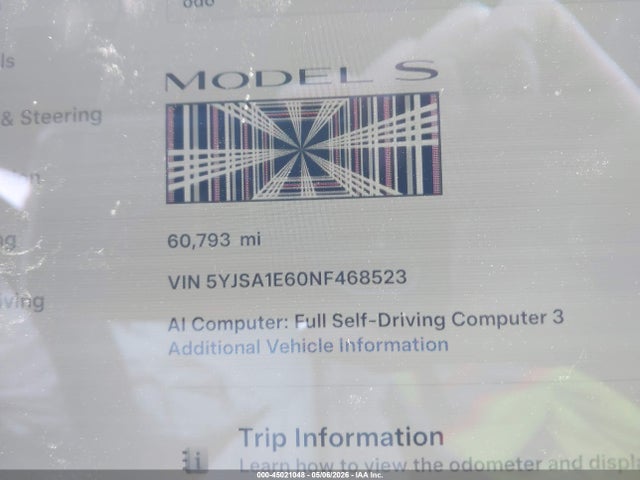 45021048 :رقم المزاد ، 5YJSA1E60NF468523 vin ، 2022 Tesla Model S Plaid Tri Motor All-wheel Drive مزاد بيع