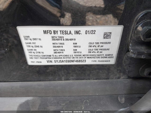45021048 :رقم المزاد ، 5YJSA1E60NF468523 vin ، 2022 Tesla Model S Plaid Tri Motor All-wheel Drive مزاد بيع