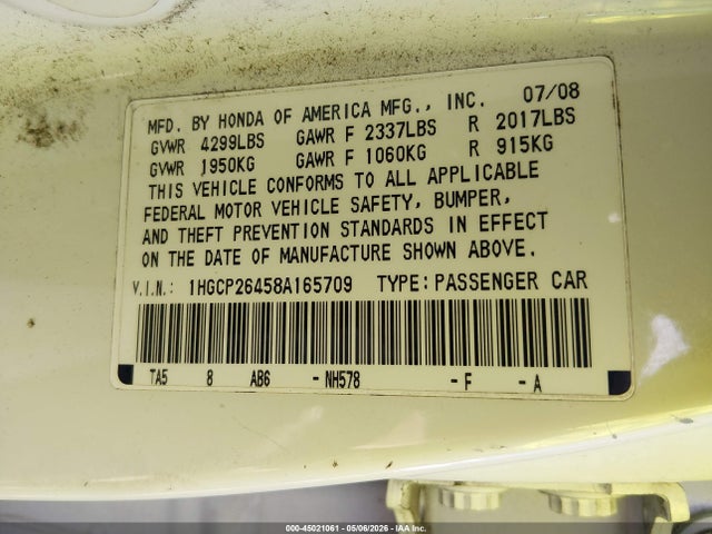 Aukcja sprzedaży 2008 Honda Accord 2.4 Lx-p, vin: 1HGCP26458A165709, numer aukcji: 45021061